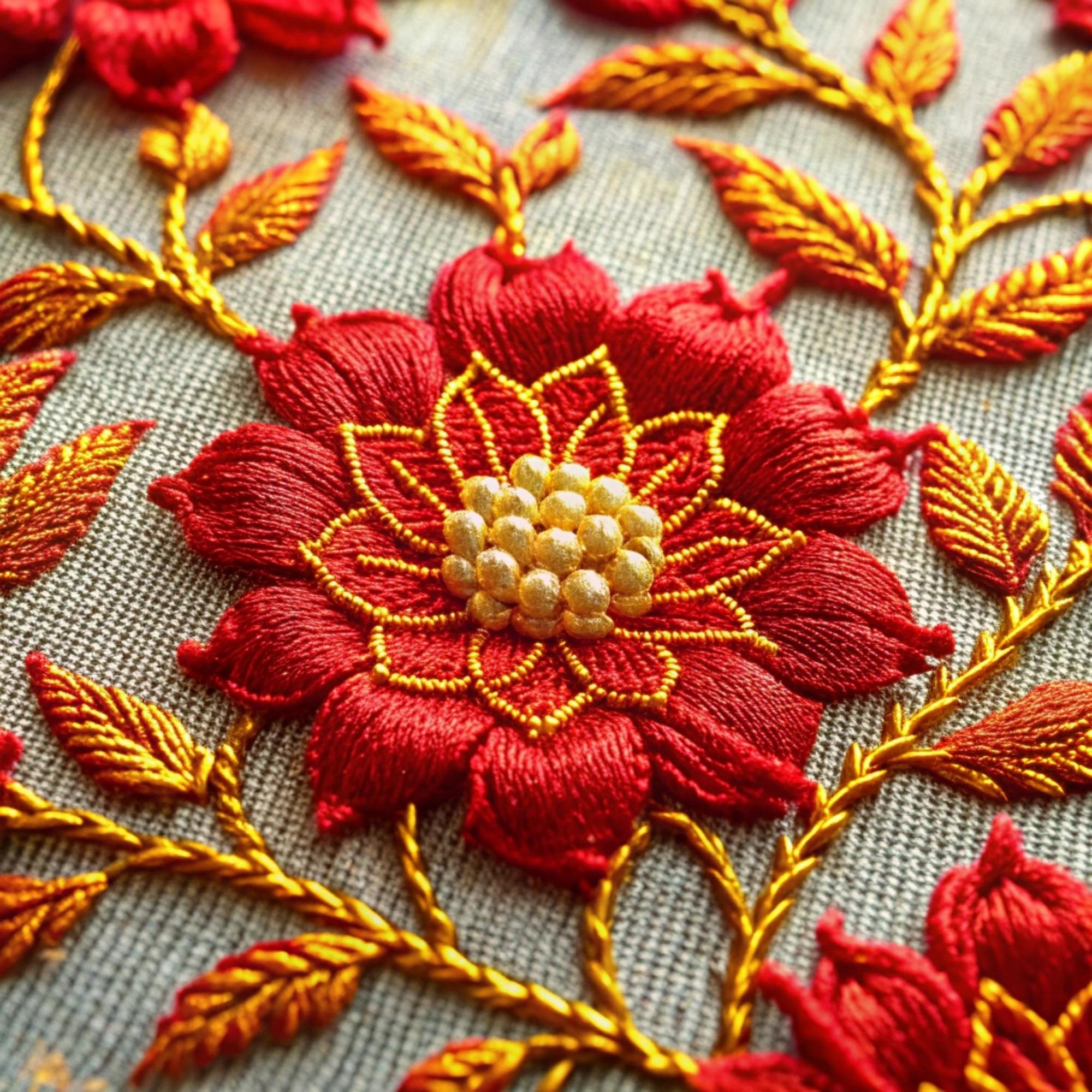 Nahaufnahme bestickte Blüte in Rot- und Goldtönen